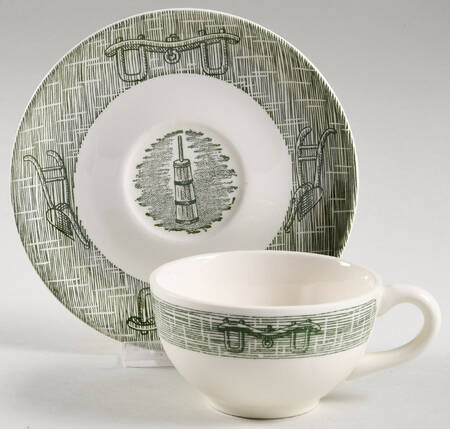 Currier and Ives Green Flat Cup & Saucer Set
