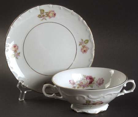 Bavarian Rose-June Rose Footed Cream Soup Bowl & Saucer Set