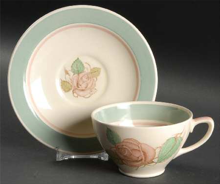 Patricia Rose Green (Green Rim, Pink Ring) Flat Cup & Saucer Set