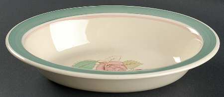 Patricia Rose Green (Green Rim, Pink Ring) 9" Oval Vegetable Bowl by Susie Cooper