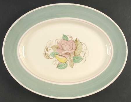 Patricia Rose Green (Green Rim, Pink Ring) 14" Oval Serving Platter