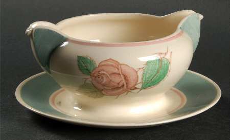 Patricia Rose Green (Green Rim, Pink Ring) Gravy Boat with Attached Underplate