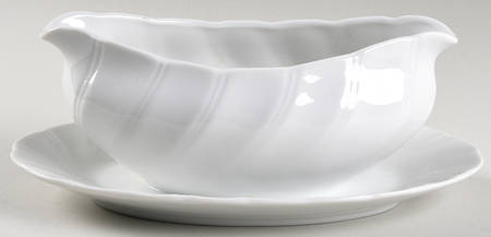 Bone White (Porcelain, Japan, All White) Gravy Boat with Attached Underplate