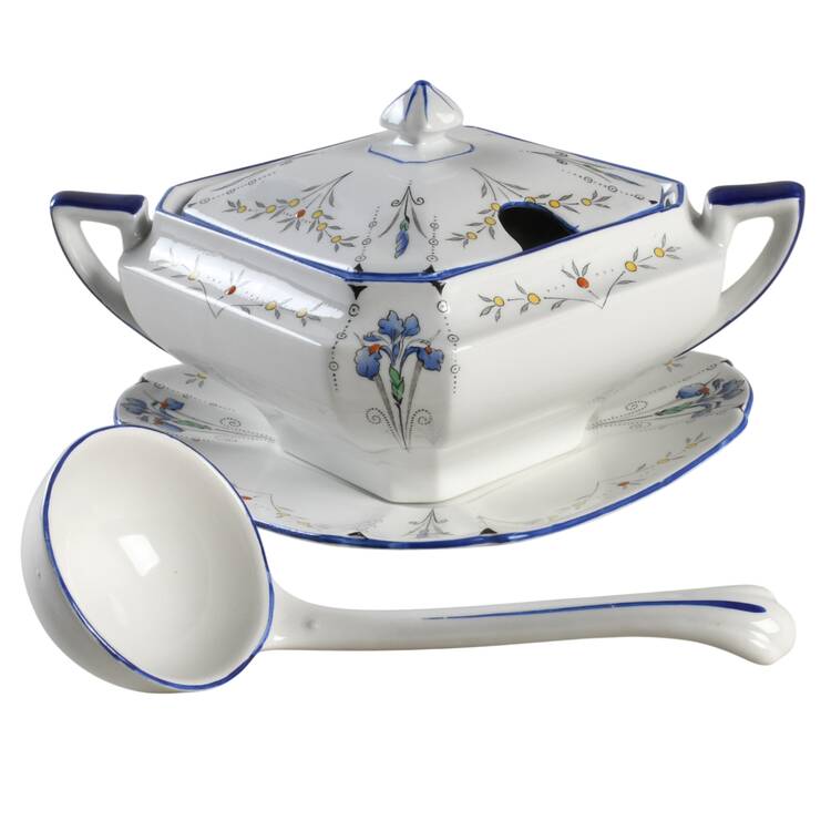 Blue Iris Gravy Boat & Underplate with /Lid & Ladle