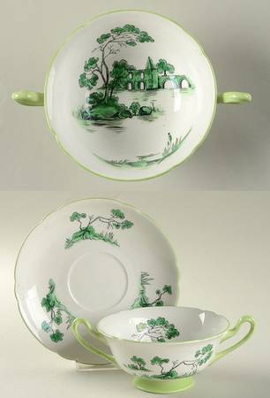 Castle Green (Green Trim) Footed Cream Soup Bowl & Saucer Set