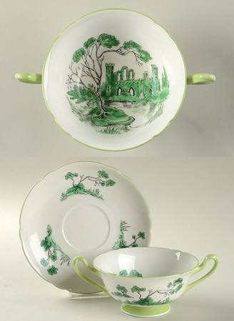 Castle Green (Green Trim) Footed Cream Soup Bowl & Saucer Set