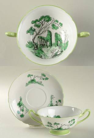 Castle Green (Green Trim) Footed Cream Soup Bowl & Saucer Set