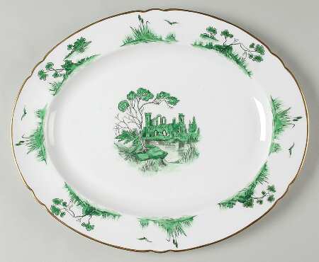 Castle Green (Gold Trim) 14" Oval Serving Platter
