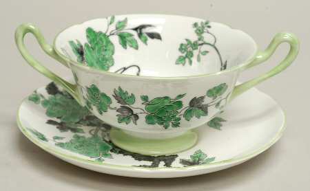 Chippendale Green Footed Cream Soup Bowl & Saucer Set