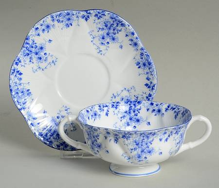 Dainty Blue Footed Cream Soup Bowl & Saucer Set