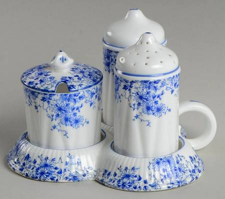 Dainty Blue Salt & Pepper, Mustard with Lid & Ceramic Tray