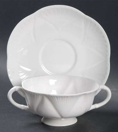 Dainty White (No Trim) Footed Cream Soup Bowl & Saucer Set