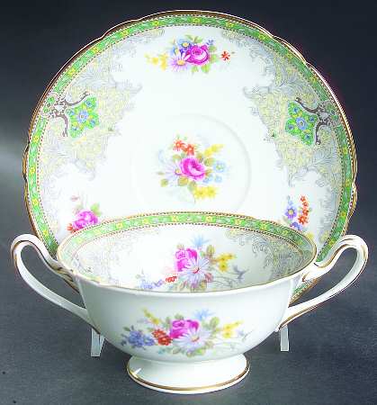 Georgian Green Footed Cream Soup Bowl & Saucer Set
