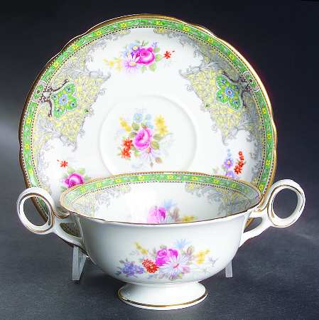 Georgian Green Footed Cream Soup Bowl & Saucer Set by Shelley