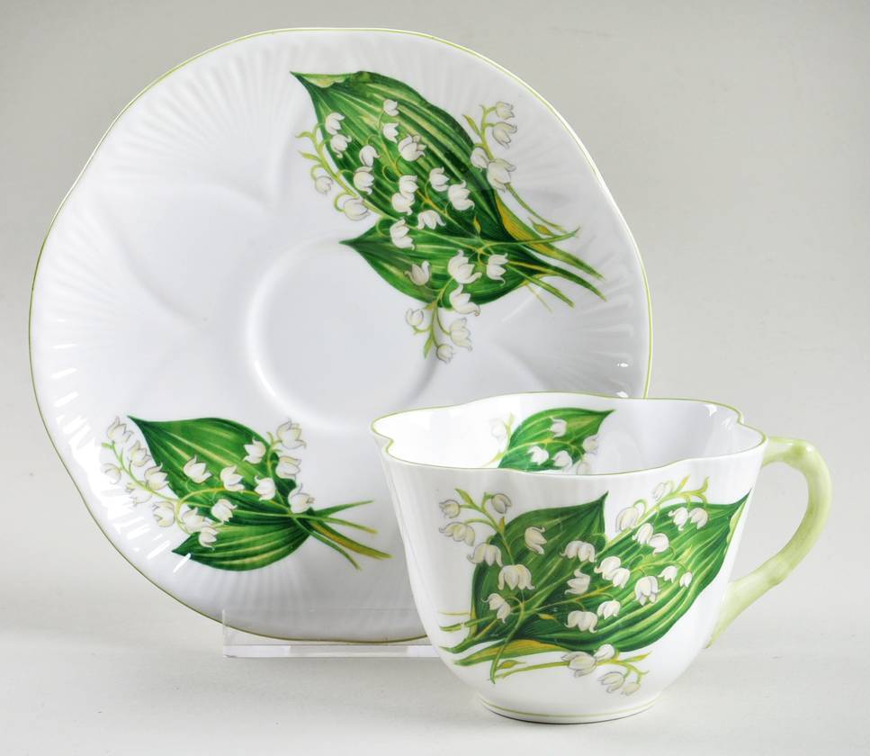 Lily of The Valley (Green Trim, Dainty Shape) Flat Cup & Saucer Set