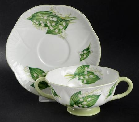 Lily of The Valley (Green Trim, Dainty Shape) Footed Cream Soup Bowl & Saucer Set