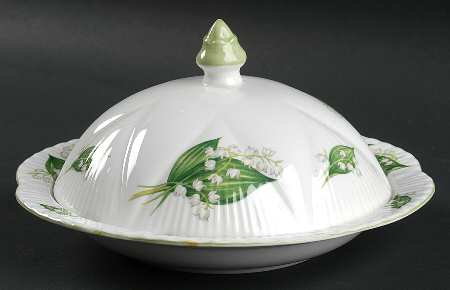 Lily of The Valley (Green Trim, Dainty Shape) Muffin Dish & Lid