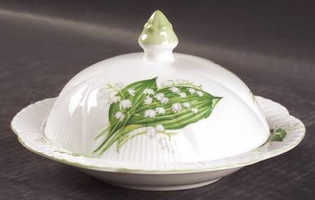 Lily of The Valley (Green Trim, Dainty Shape) Round Covered Butter