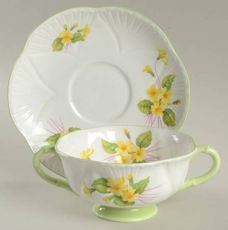 Primrose (Dainty Shape, Green Trim) Footed Cream Soup Bowl & Saucer Set