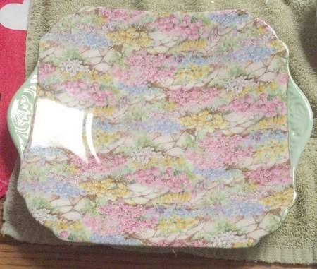 Rock Garden (Green Trim) Square Handled Cake Plate