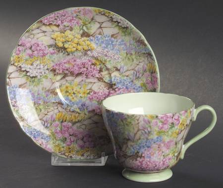 Rock Garden (Green Trim) Footed Cup & Saucer Set
