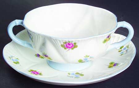 Rose, Pansy, Forget Me Not Footed Cream Soup Bowl & Saucer Set