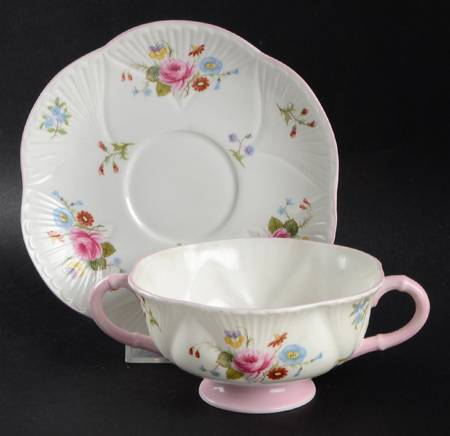 Rose & Red Daisy (Dainty) Footed Cream Soup Bowl & Saucer Set