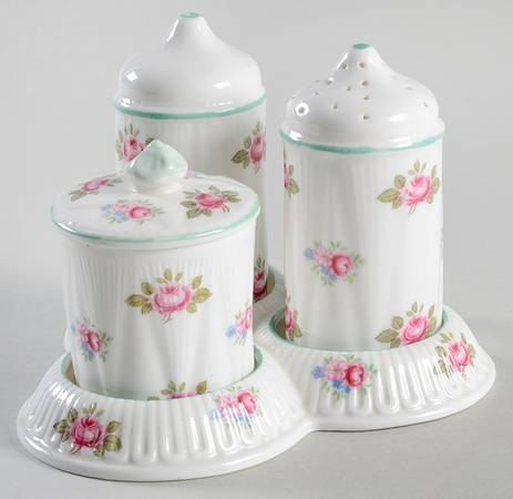 Rosebud (Dainty Shape) Salt & Pepper, Mustard with Lid & Ceramic Tray