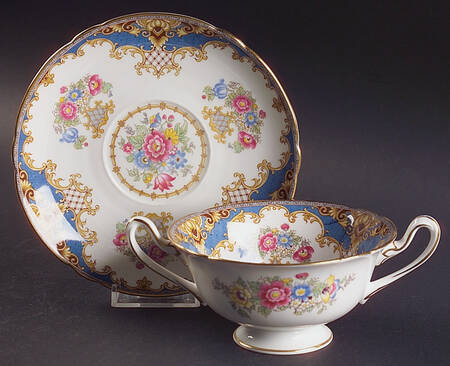 Sheraton Blue (Scalloped) Footed Cream Soup Bowl & Saucer Set