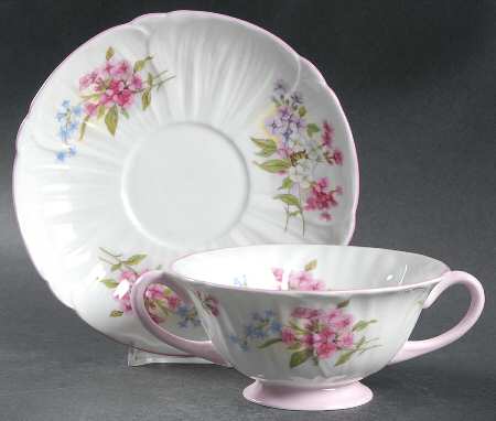 Stocks Pink (Oleander Shape) Footed Cream Soup Bowl & Saucer Set