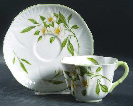 Syringa (Dainty, Green Trim) Flat Cup & Saucer Set