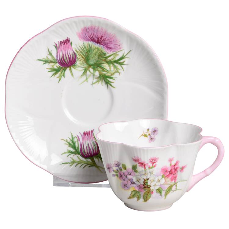 Thistle (Dainty, Pink, Pink Trim) Flat Cup & Saucer Set