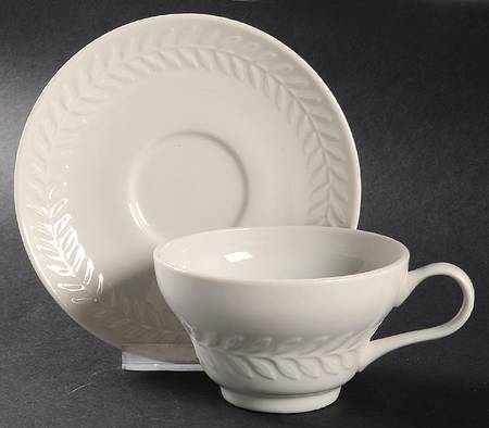 Carlton (All White, Embossed Laurel) Flat Cup & Saucer Set