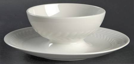 Carlton (All White, Embossed Laurel) Gravy Boat with Attached Underplate