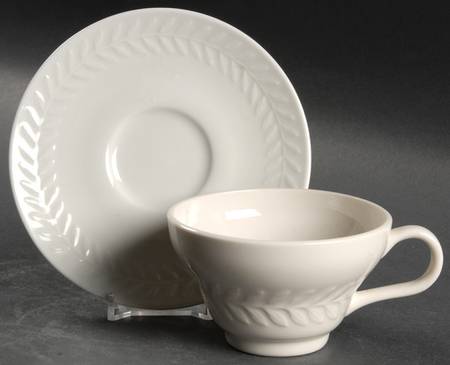 Carlton (All White, Embossed Laurel) Flat Cup & Saucer Set