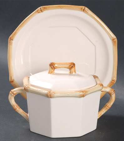 Bamboo Decorated Cream Soup Bowl & Saucer Set with Lid