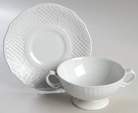 Marlborough (Embossed Wicker Lattice Rim) Footed Cream Soup Bowl & Saucer Set