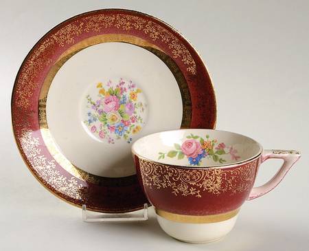 Aristocrat Maroon (Floral Center) Footed Cup & Saucer Set