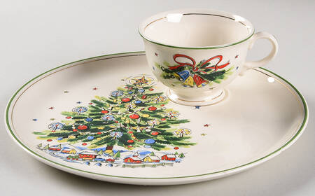 Christmas Eve (Earthenware, Green, Gold) Snack Plate & Cup Set