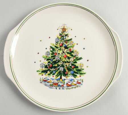 Christmas Eve (Earthenware, Green, Gold) Handled Cake Plate