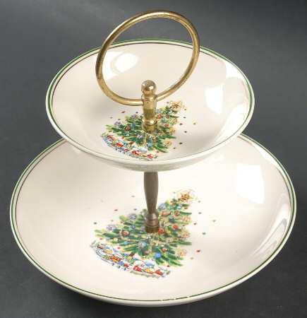 Christmas Eve (Earthenware, Green, Gold) Two-Tiered Serving Tray (Fruit, Soup Bowl)