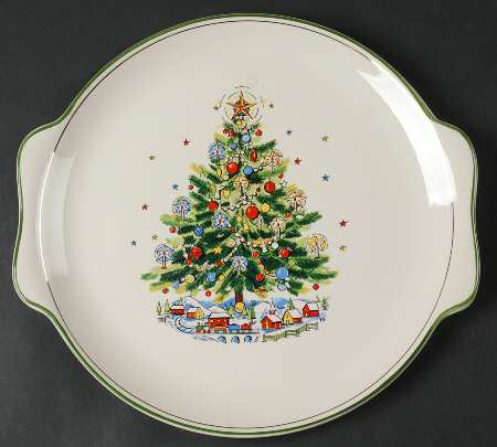 Christmas Eve (Earthenware, Green, Gold) Handled Cake Plate