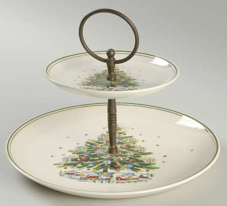 Christmas Eve (Earthenware, Green, Gold) 2 Tiered Serving Tray (Dinner&Bread/Butter Plate)
