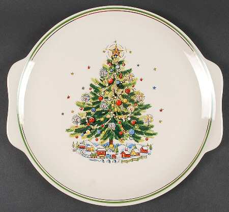 Christmas Eve (Earthenware, Green, Gold) Handled Cake Plate