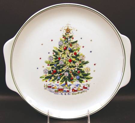Christmas Eve (Earthenware, Green, Gold) Handled Cake Plate