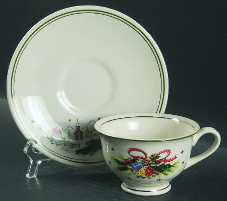 Christmas Eve (Earthenware, Green, Gold) Footed Cup & Saucer Set
