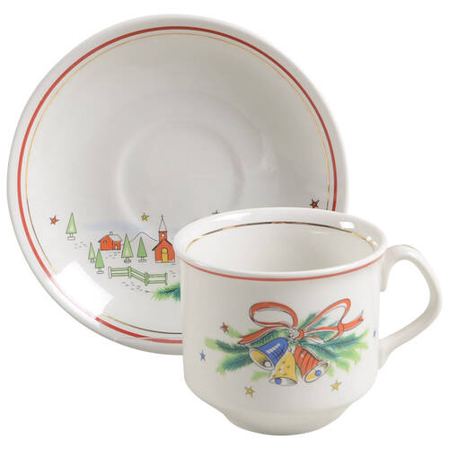 Christmas Eve (Earthenware, Red, Gold) Flat Cup & Saucer Set