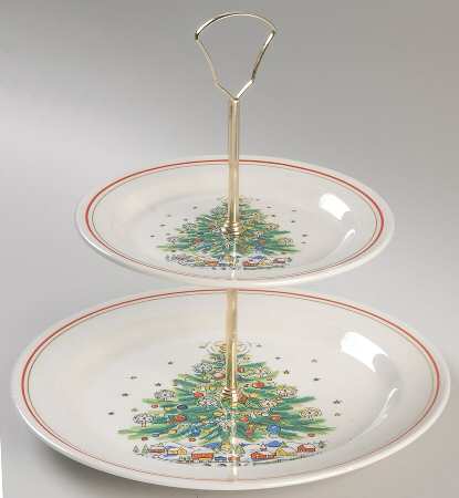 Christmas Eve (Earthenware, Red, Gold) 2 Tiered Serving Tray (Dinner & Dessert Plates)