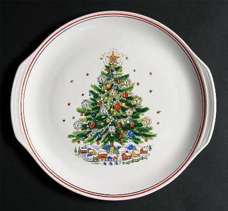 Christmas Eve (Earthenware, Red, Gold) Handled Cake Plate