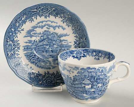 English Village Blue Flat Cup & Saucer Set